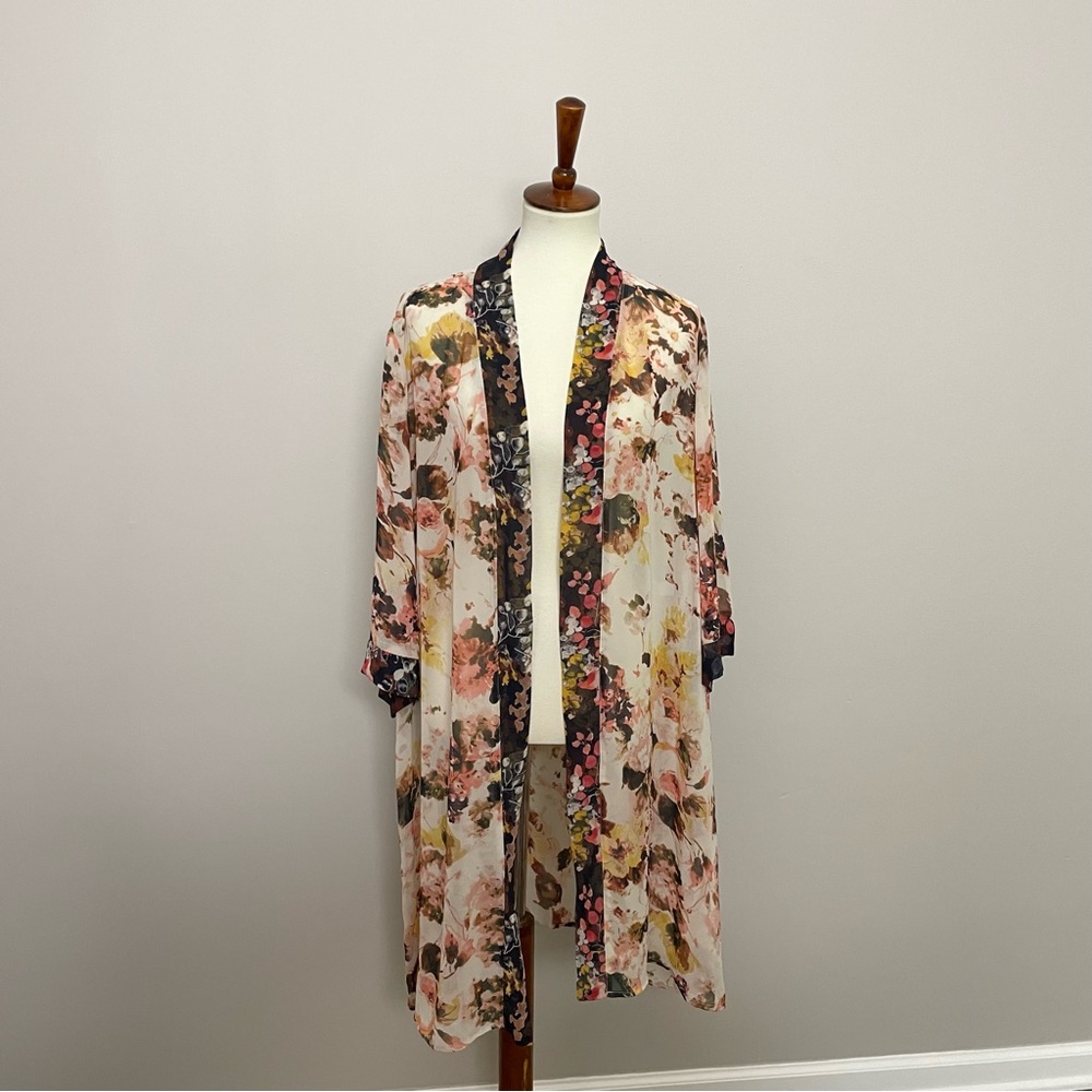 Cato Kimono Cardigan Duster Floral Oversized Lightweight Pink Black Yellow